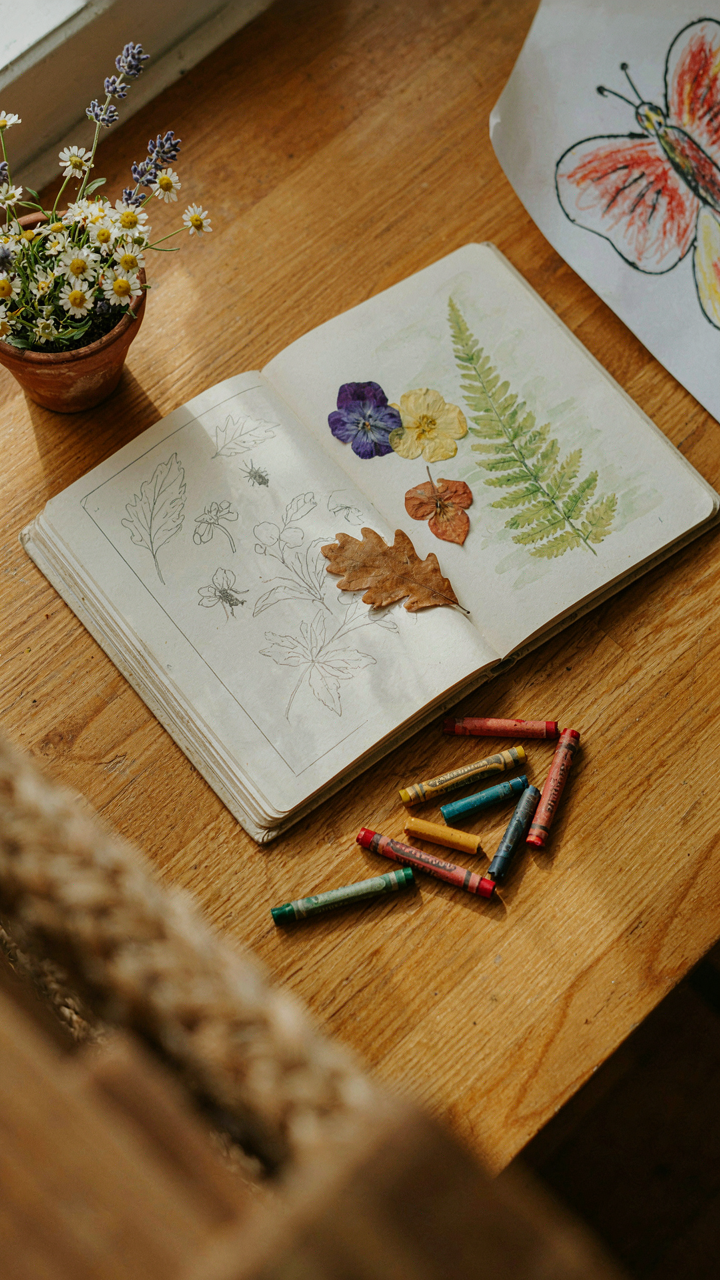A nature journal with a butterfly drawing, crayons, and pressed flowers on a table.