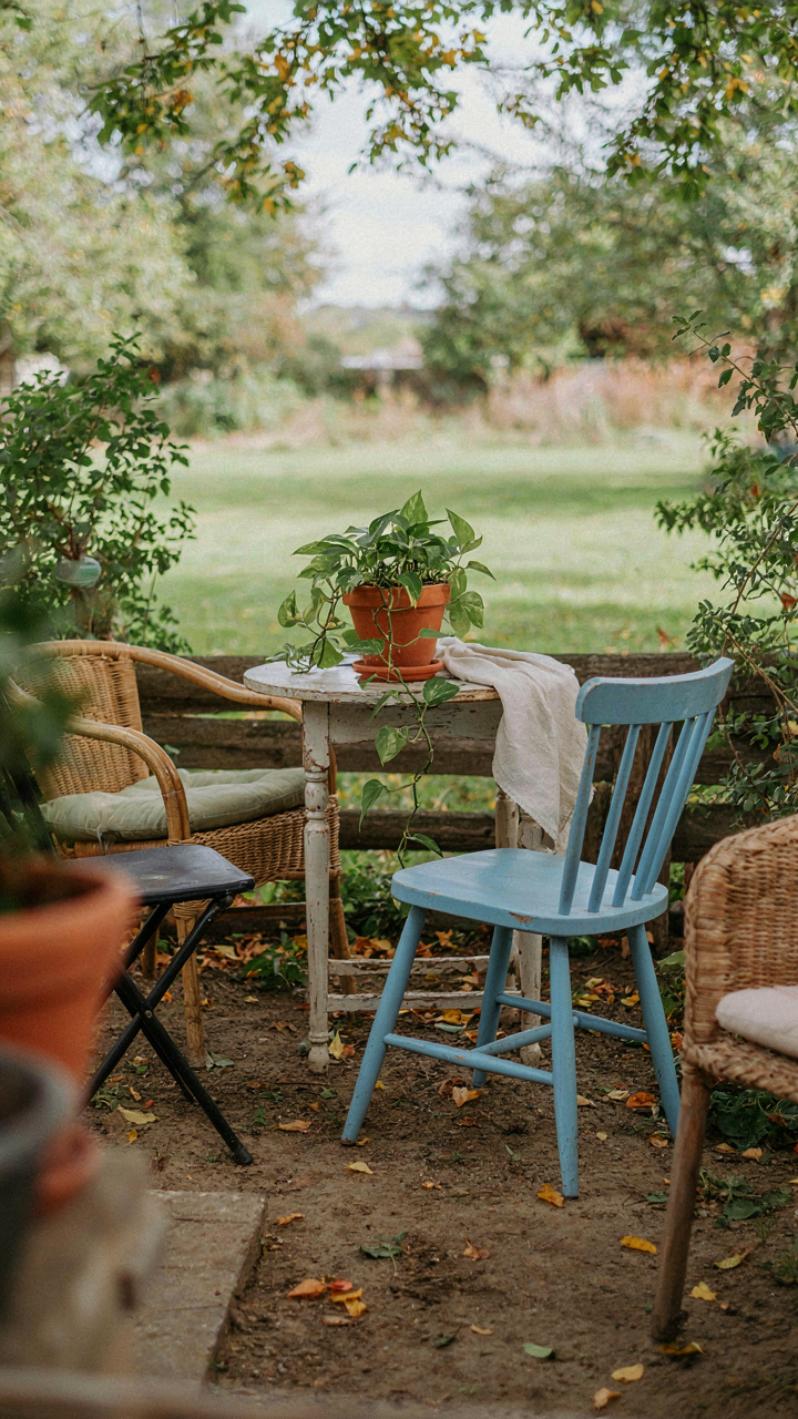 A charming, mismatched outdoor bistro set up with a well-worn potted plant.