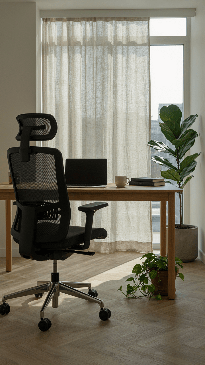 An ergonomic office chair with adjustable features in a modern workspace.