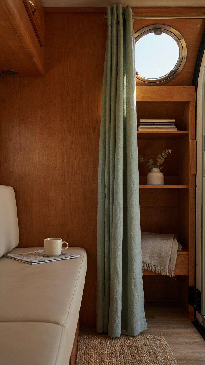 An RV curtain hides a storage area, maximizing space and utility.