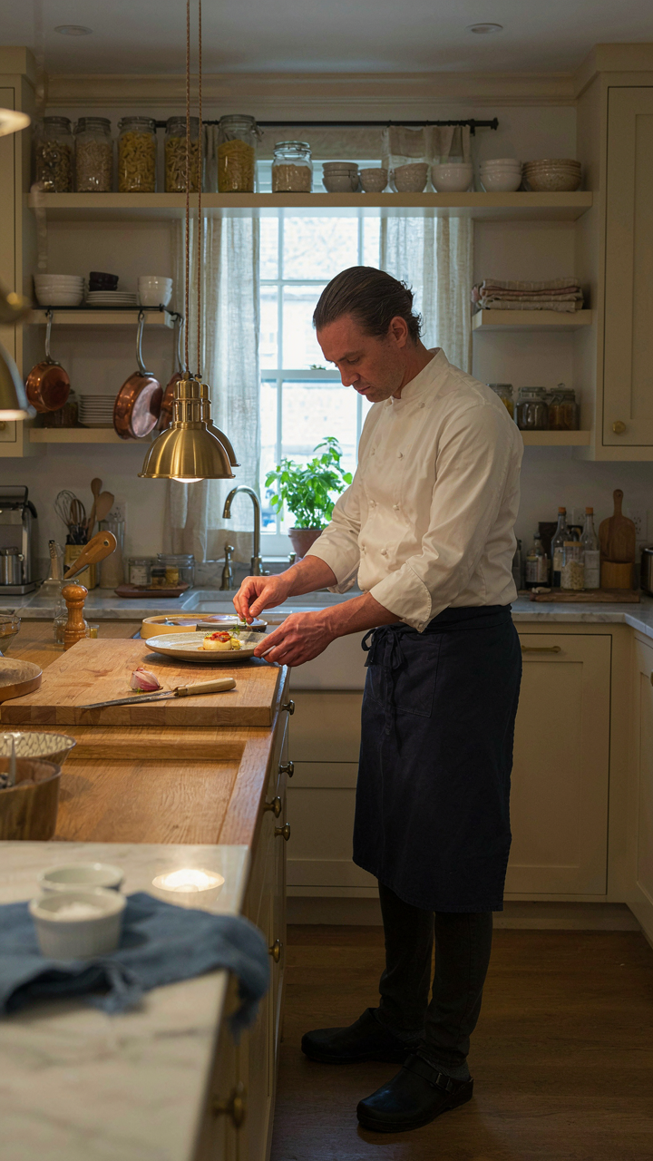 A chef working in a custom, well-organized home kitchen.