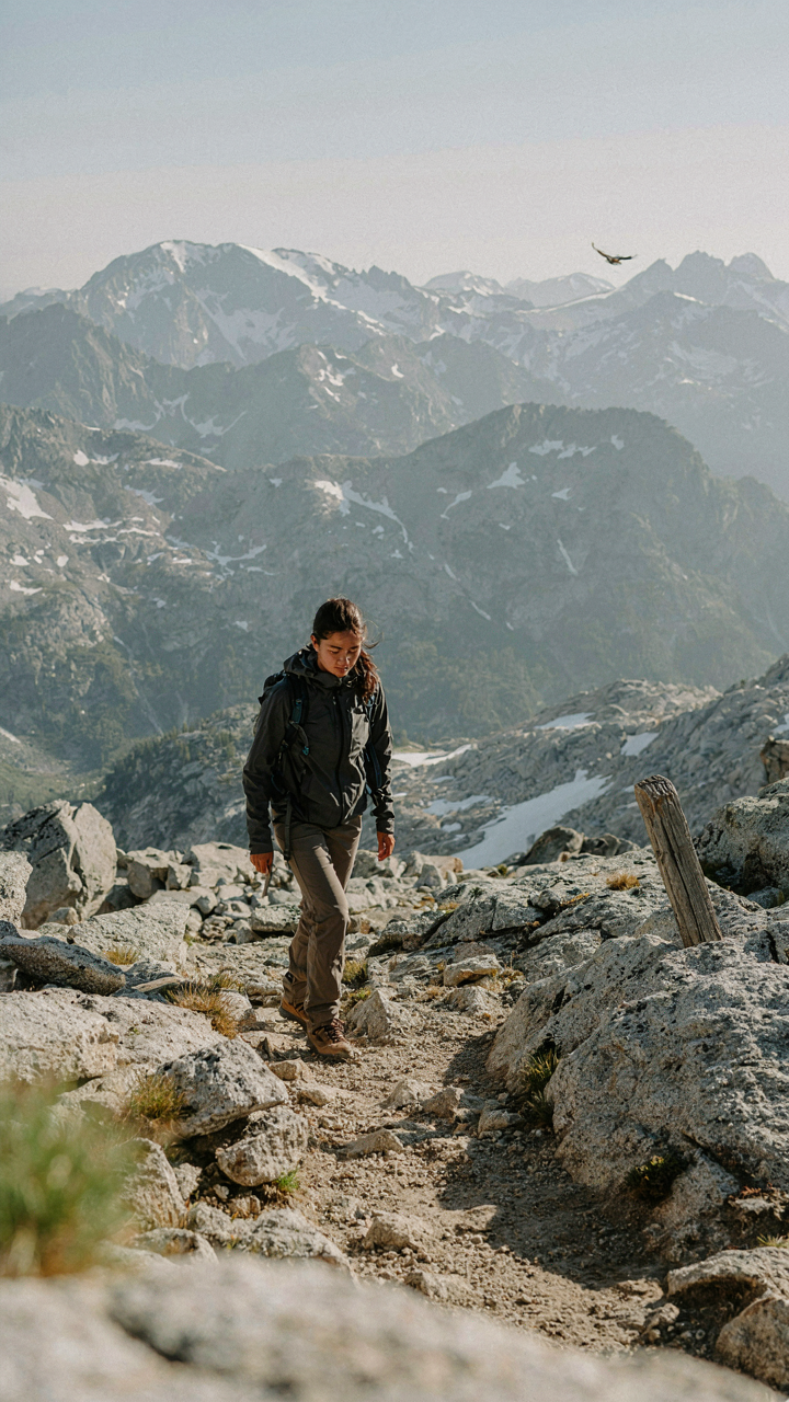 A person confidently walks on a difficult mountain trail.