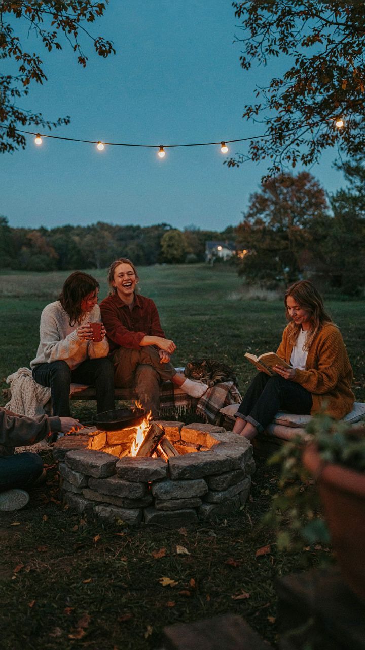 A cozy outdoor setting with a fire pit and string lights.