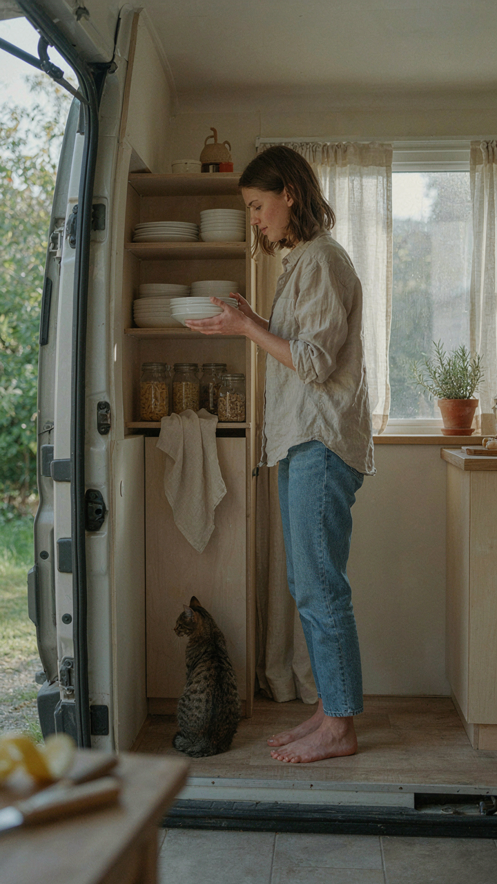 A person puts a clean dish away in a van as part of a daily habit.