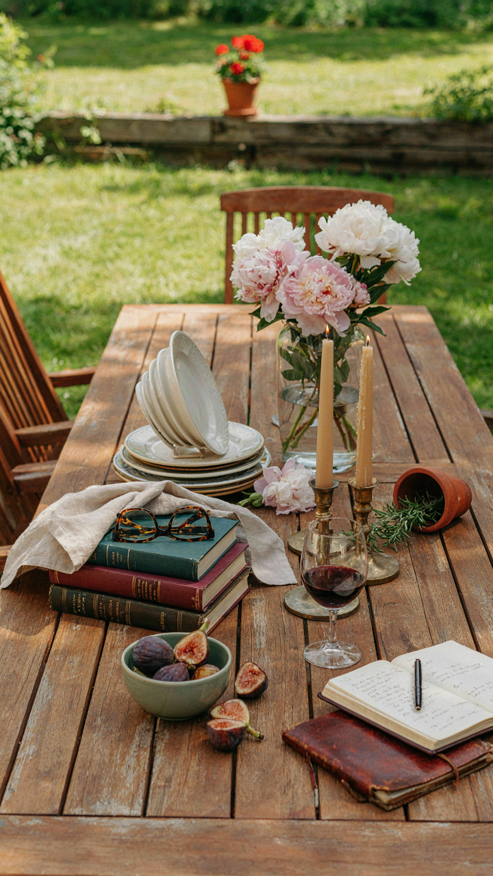 An outdoor dining table with too many decorations, making it look crowded.