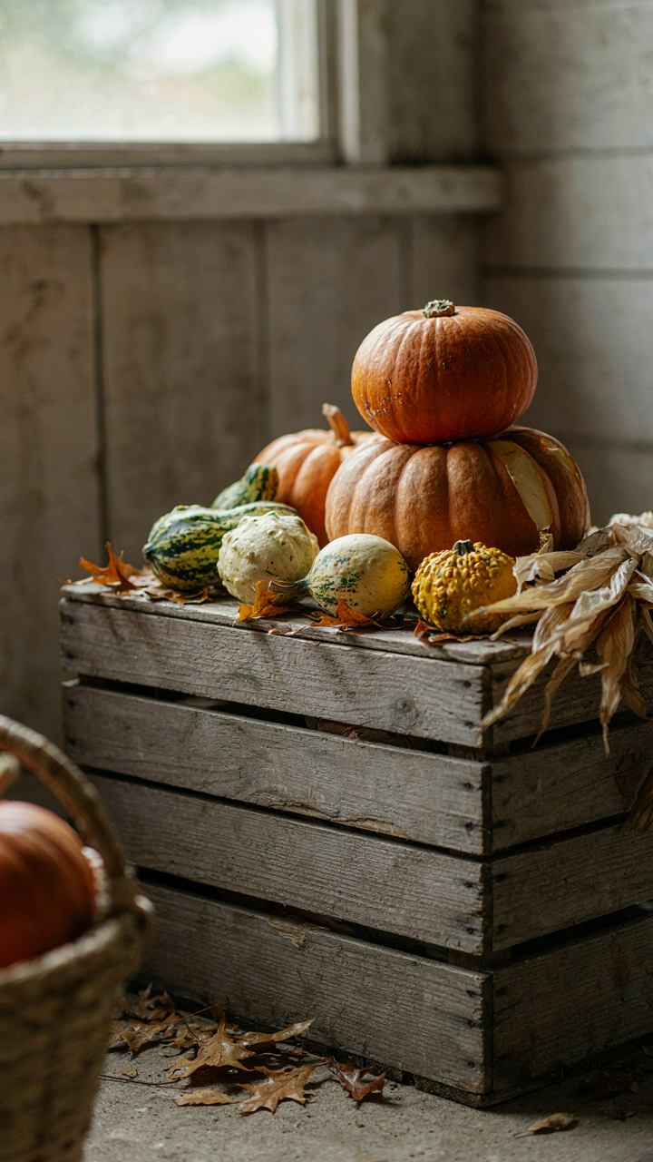 A casual arrangement of pumpkins and gourds on old wooden crates with scattered leaves.