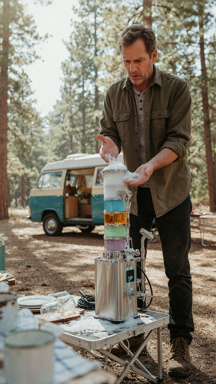 A camper looks confused at a broken, sudsy, luxury dishwashing gadget.
