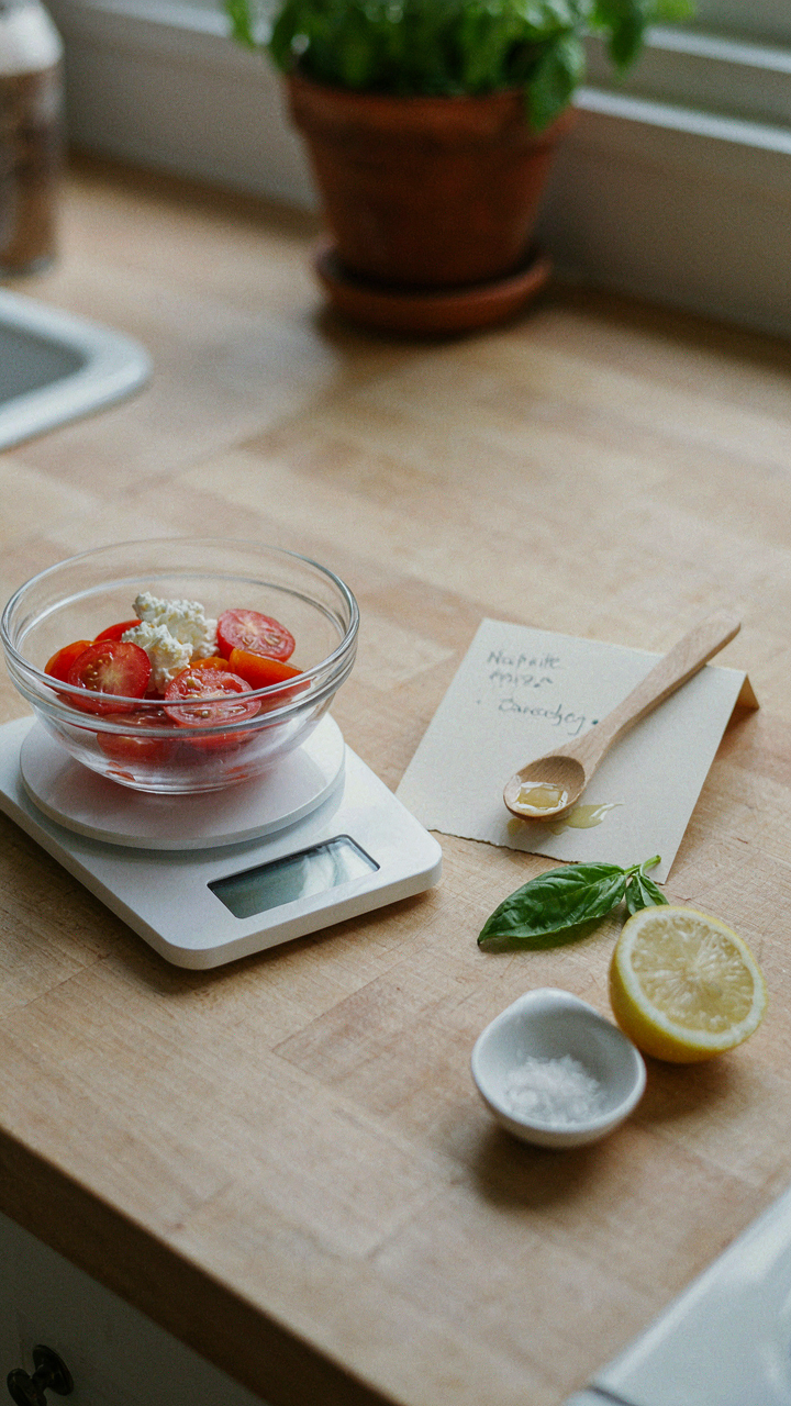 A kitchen scale measures ingredients next to a recipe card.