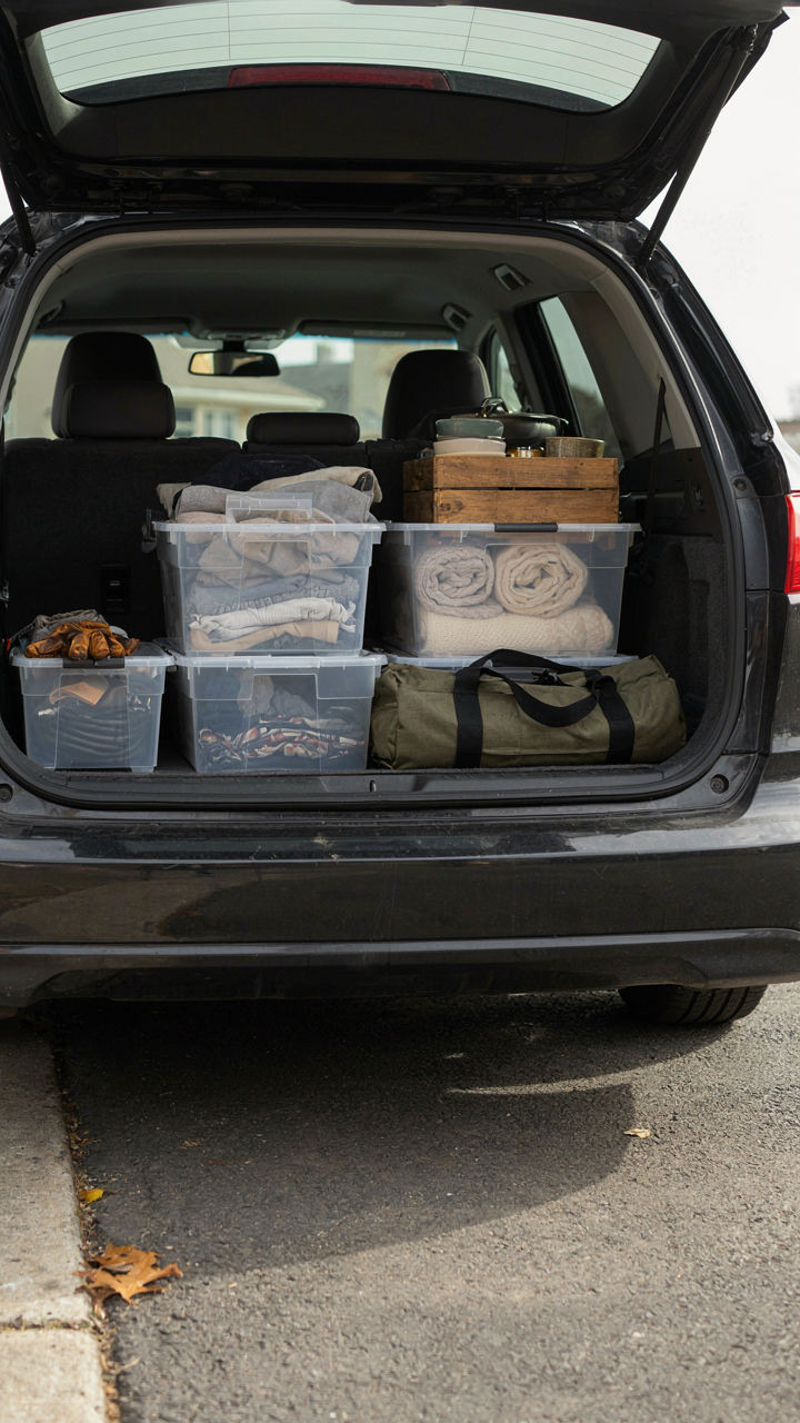 An open car trunk shows storage bins with empty space around items.