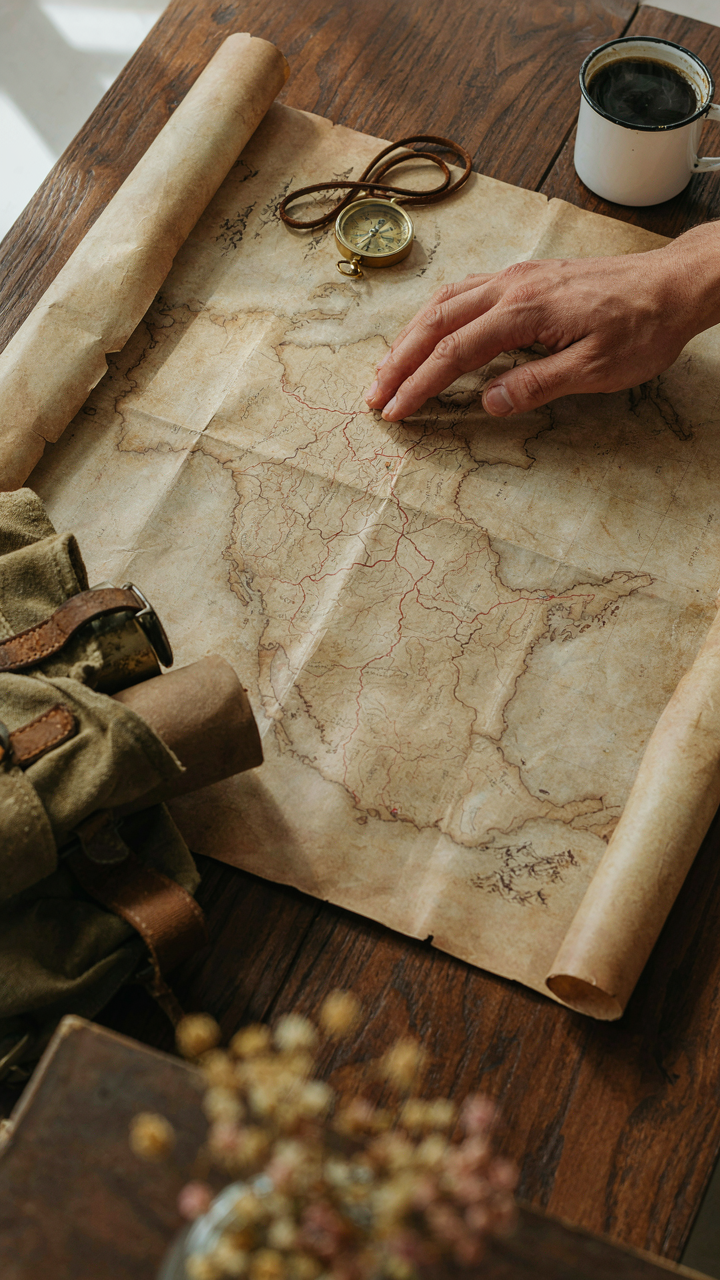 A hand points to a general area on a faded old map next to a compass.