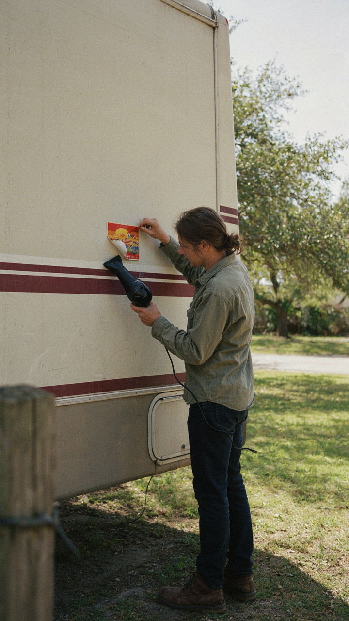 A person using a hairdryer to remove an old sticker from an RV wall.