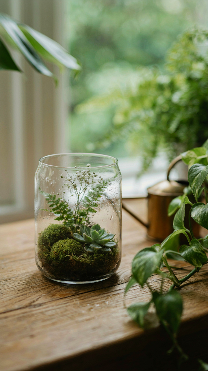 A small, glowing terrarium with diverse plants creates a contained ecosystem.