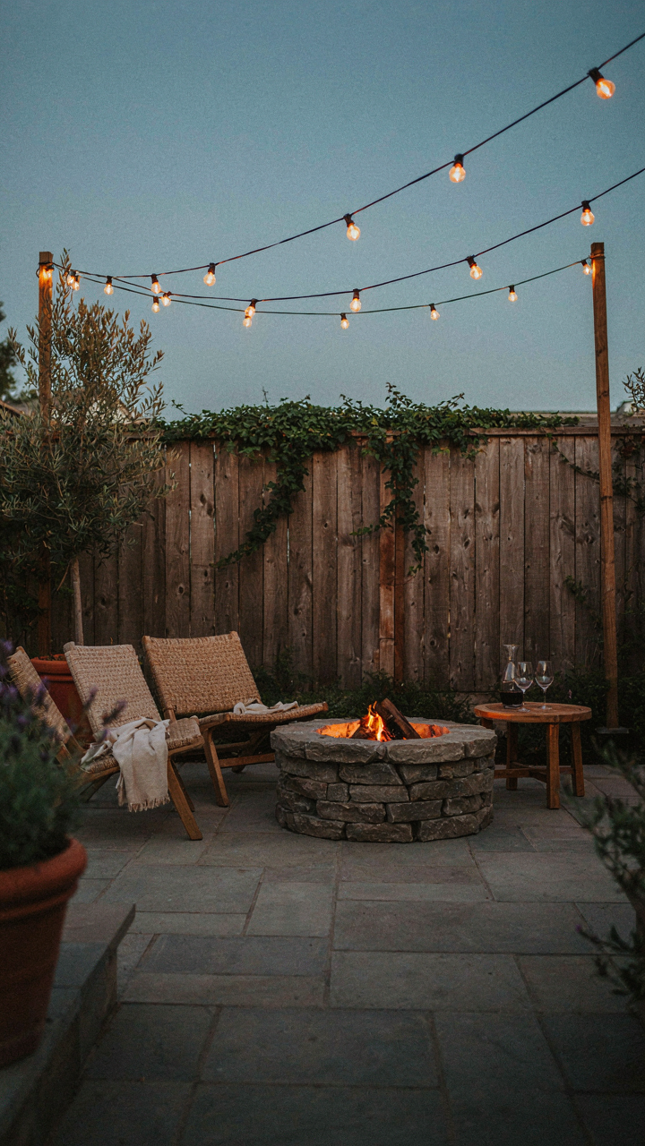A patio with warm amber lights and a fire pit, creating an inviting glow.