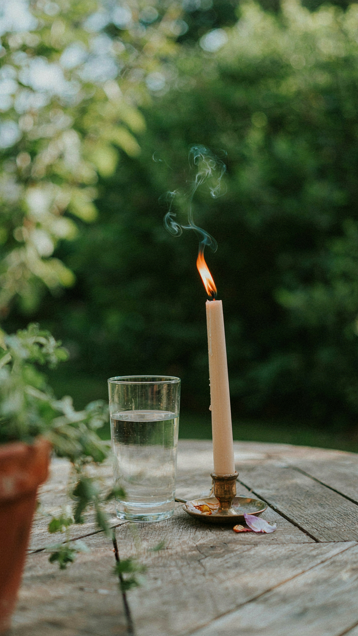 A delicate candle flame on an outdoor table is almost blown out.