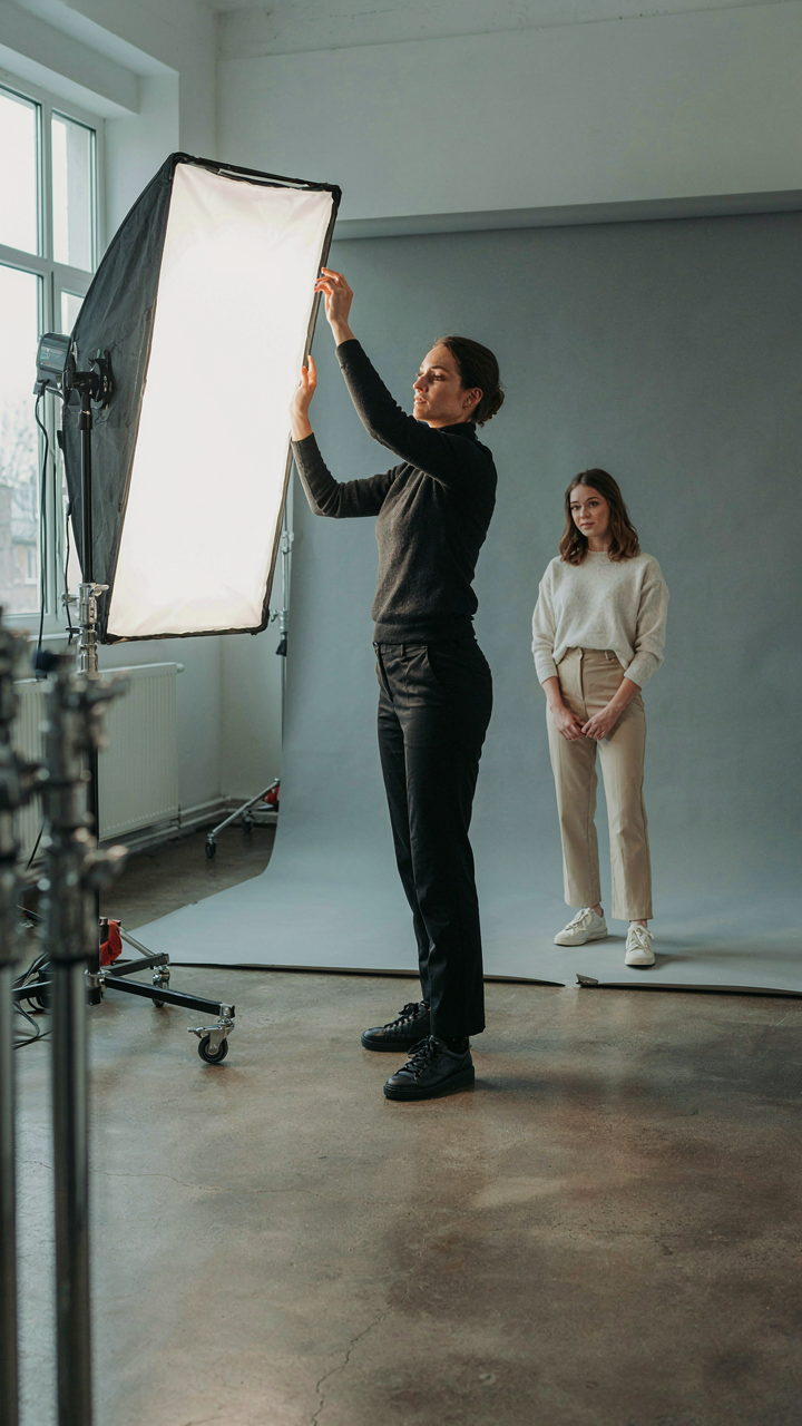 A photographer uses a softbox to create soft light in a studio.