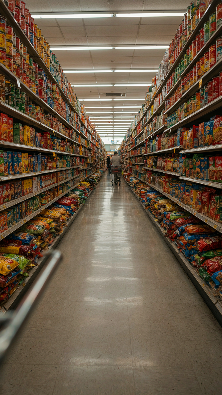 An overly stocked grocery store aisle with many different products.