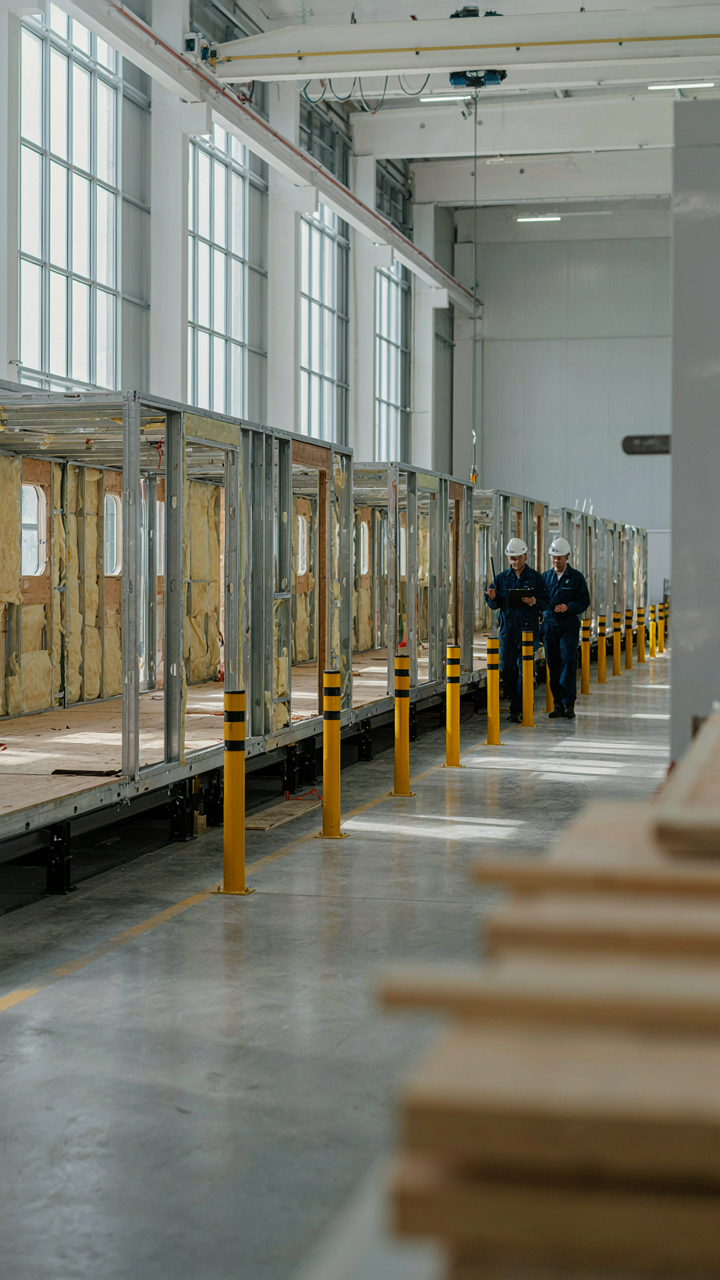 An assembly line shows many identical, unfinished pop up camper interiors in a factory.