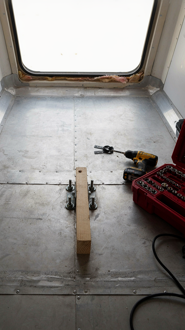 The underside of an RV floor showing bolts that hold down a dinette.