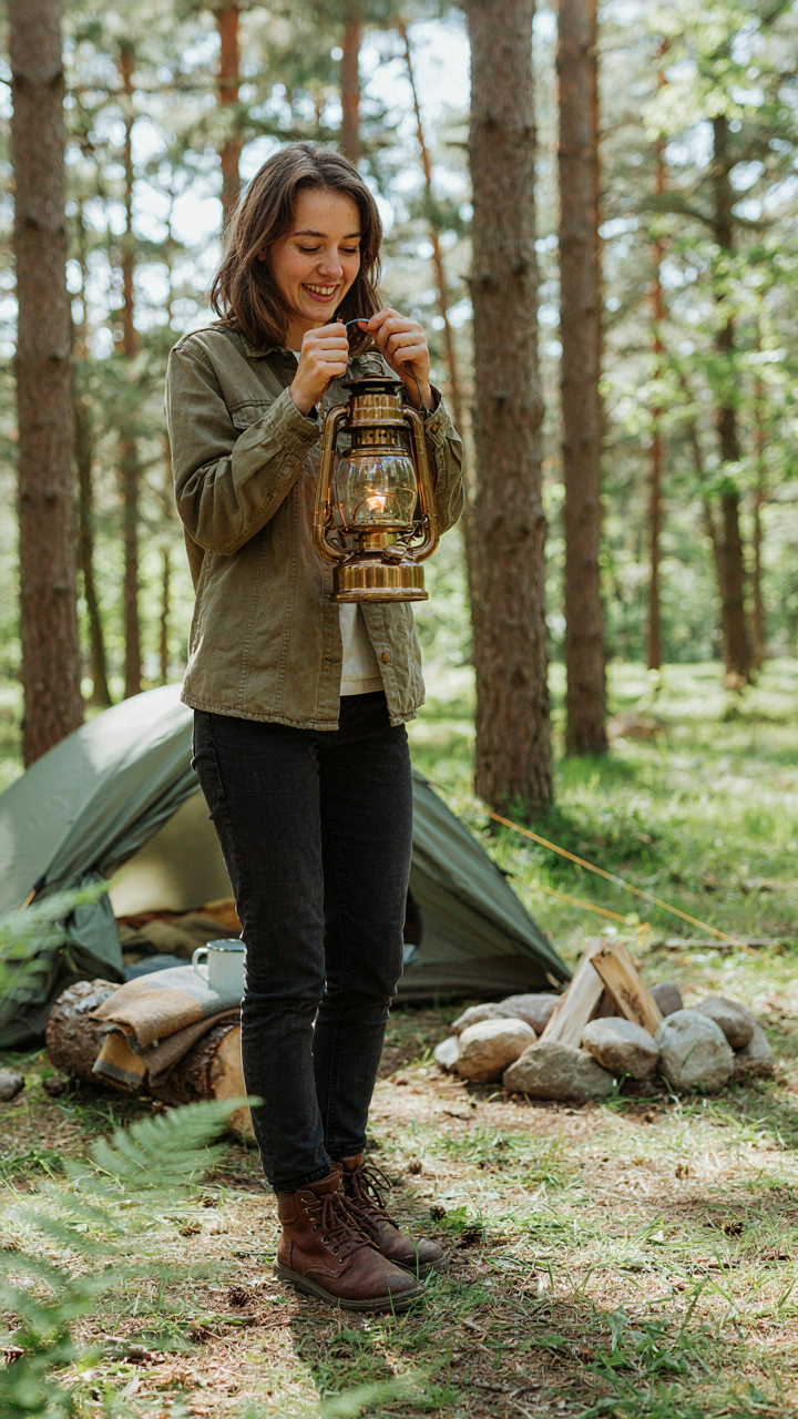 A person holding up a new camping lantern in a forest setting.