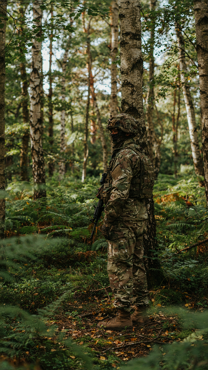 A soldier in camouflage is nearly hidden in a dense forest.