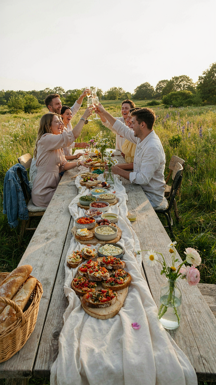 Friends at a wedding table share a delicious edible centerpiece.