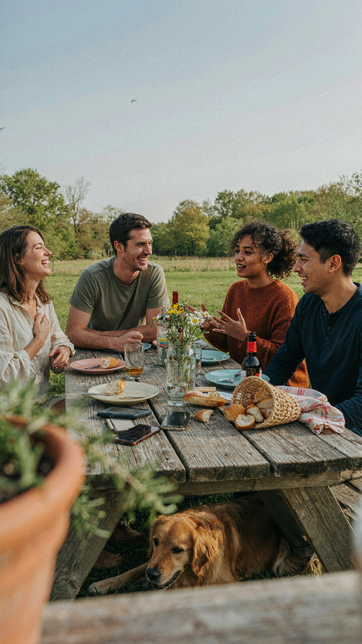 Friends laughing and talking at a picnic table, phones put away.