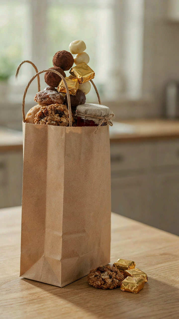 A gift bag holds gourmet chocolates, artisanal cookies, and homemade jam, perfect garden party