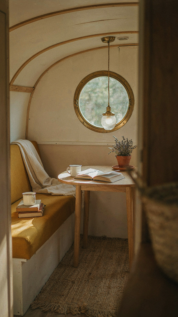 A perfectly staged vintage camper interior with retro items.