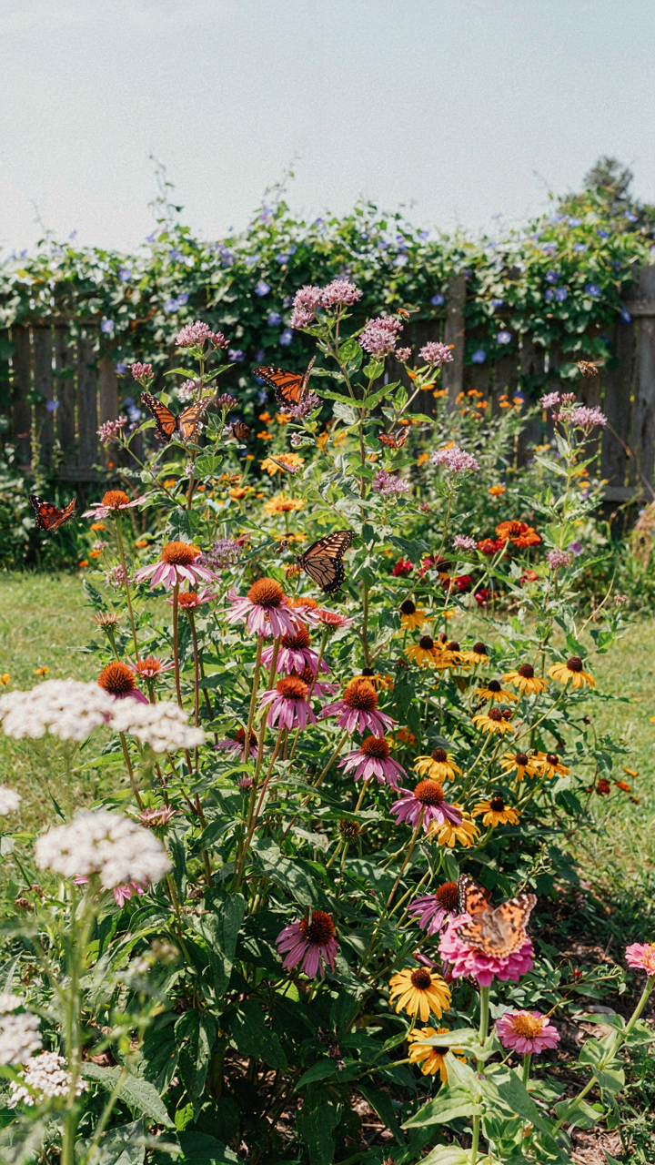 A vibrant, slightly wild butterfly garden with many native plants and butterflies.