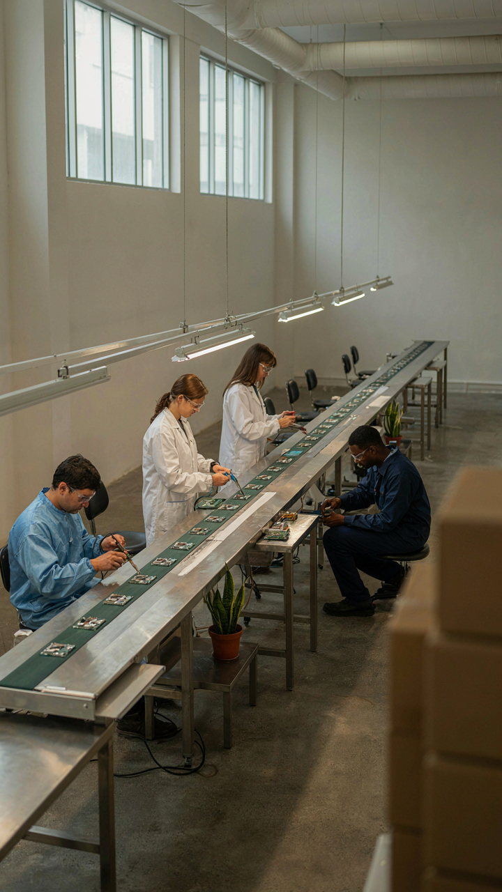An organized factory assembly line shows efficient flow of components.