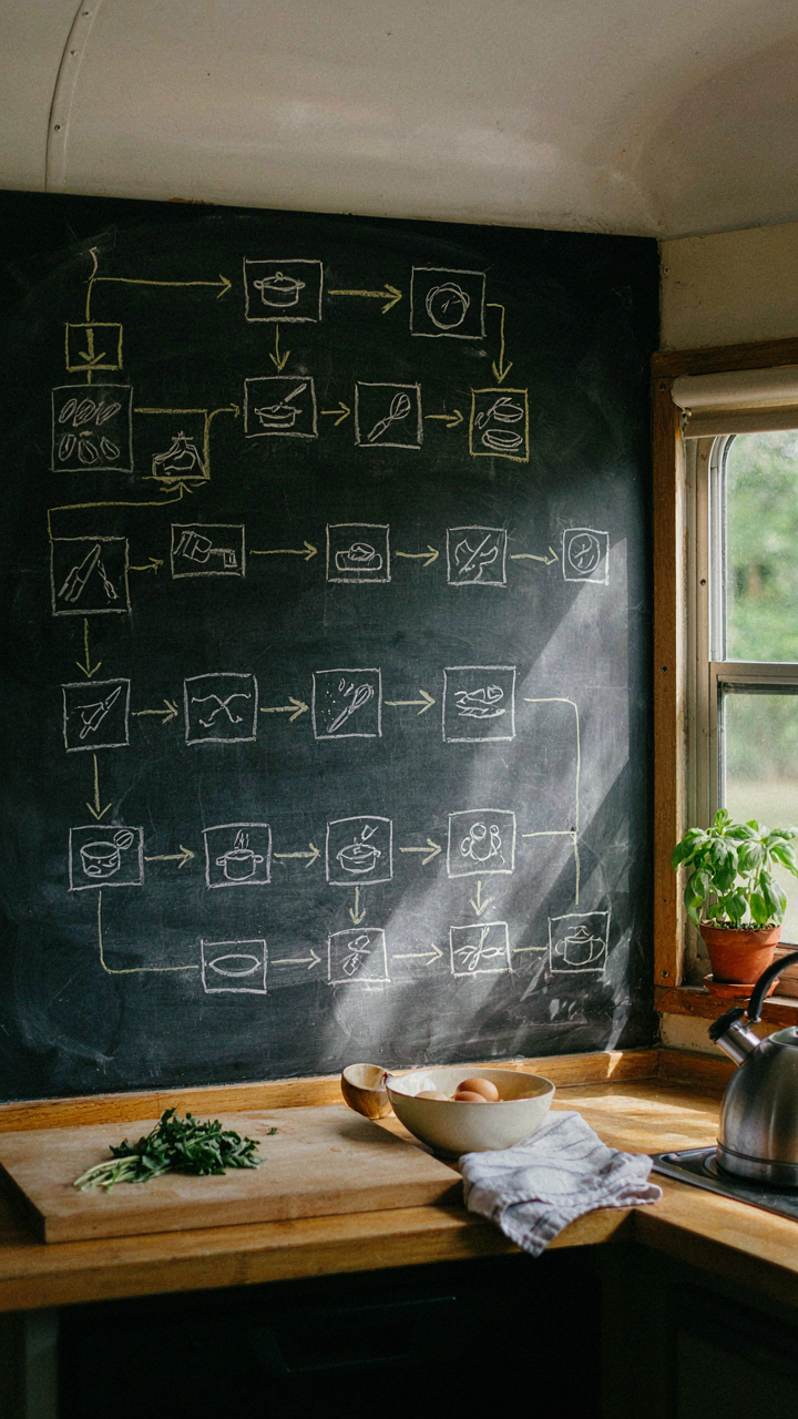 A drawing of a cooking workflow on a chalkboard inside a bus conversion kitchen.