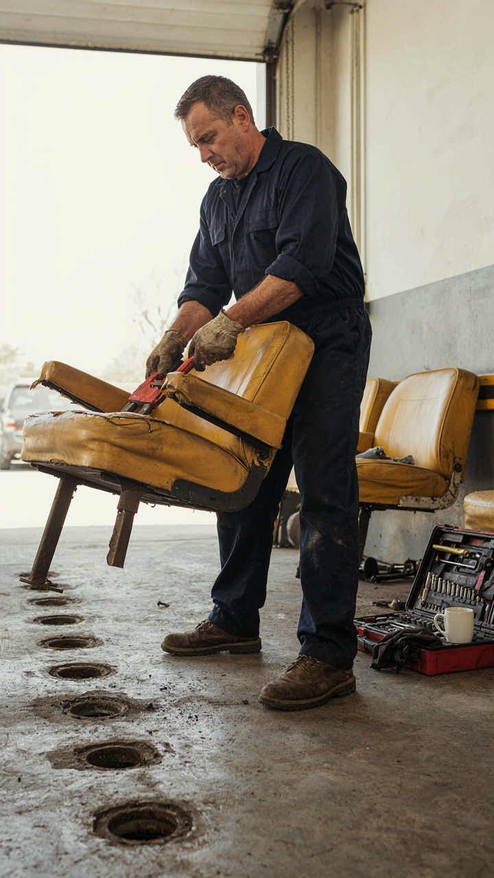 A person struggles to remove a seat from a school bus interior.