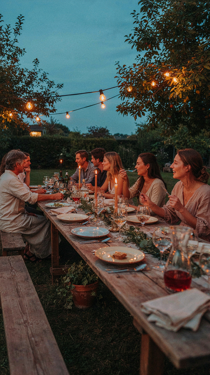 An outdoor dinner party glows with soft string lights hanging above the table at dusk.