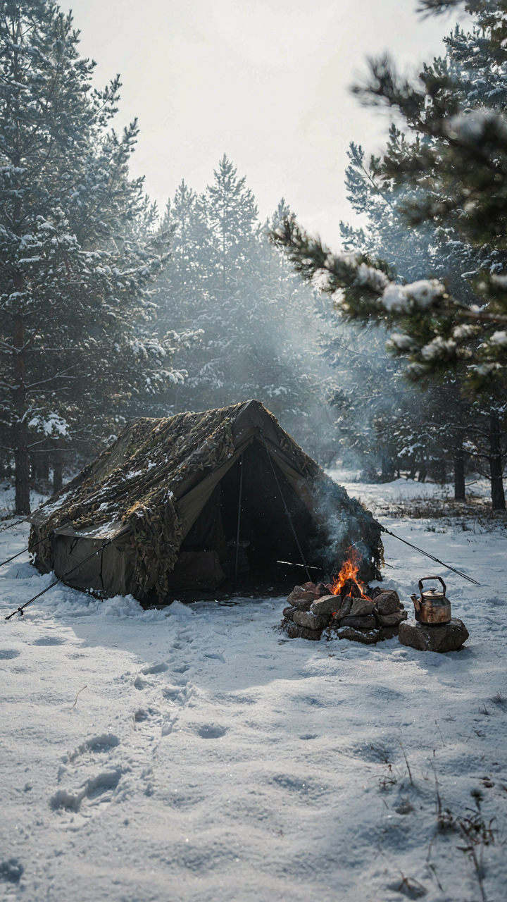 A camouflage tent is set up in a snowy woods near a fire pit.