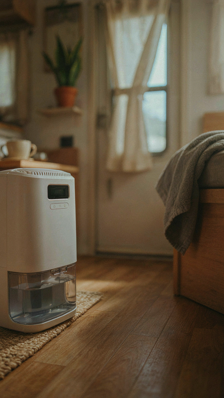 A small dehumidifier works inside an RV, collecting water.