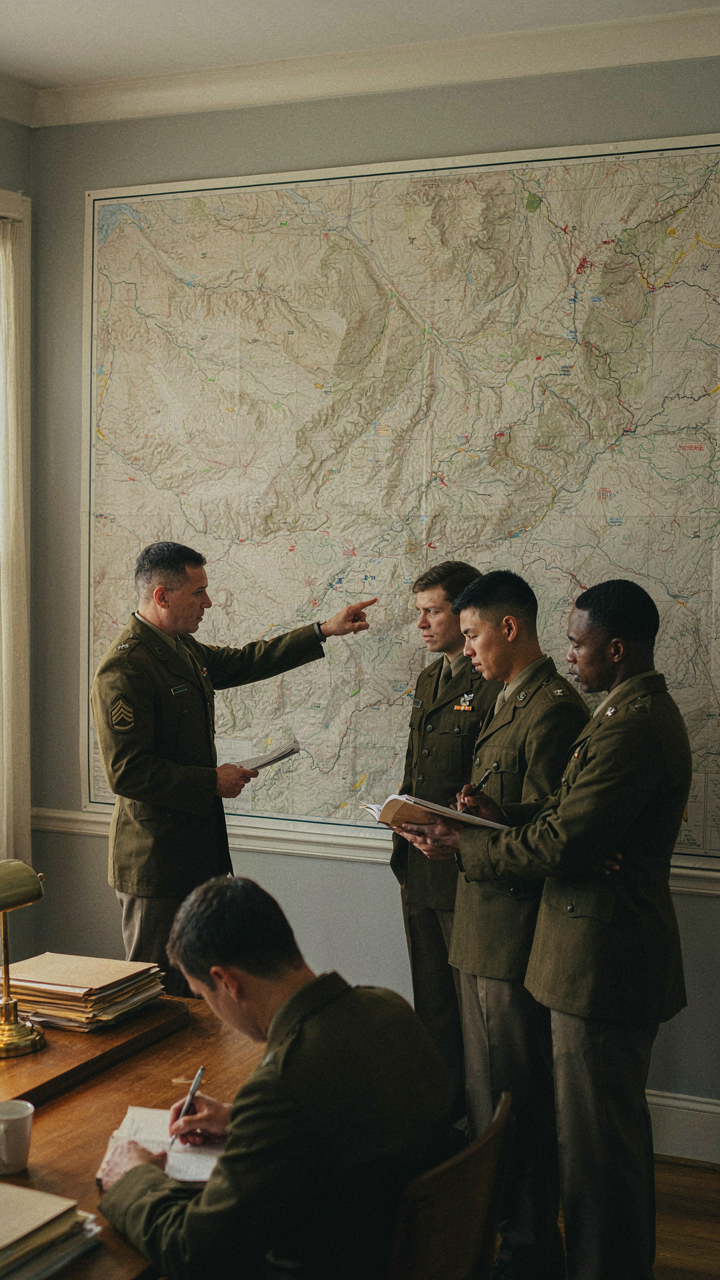 A military officer points at a map, giving instructions to soldiers.