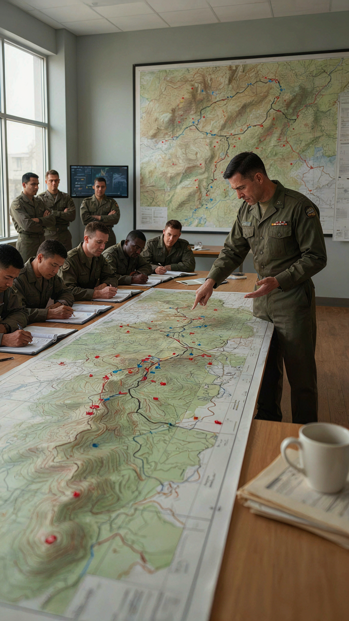 A military commander points at a map, assigning tasks to soldiers.