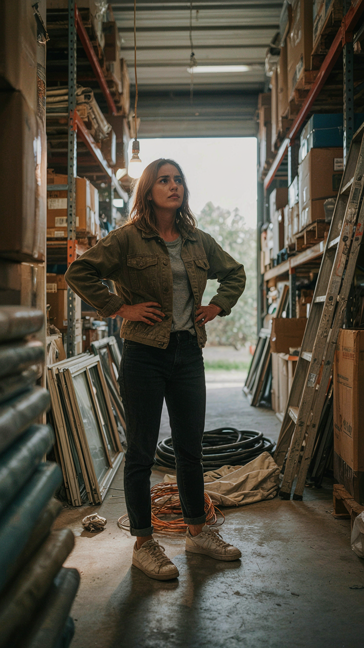 A person stands in a storage unit filled with old RV parts.