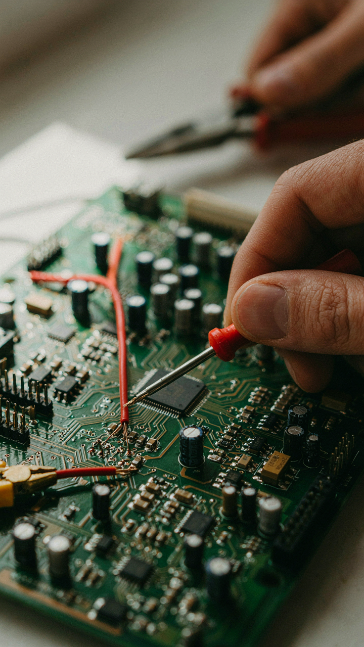 An electrician connects wires on a circuit board.