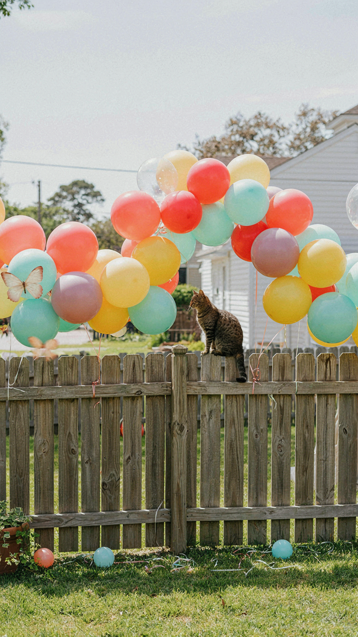 A sturdy wooden fence with a bright backyard balloon garland attached.