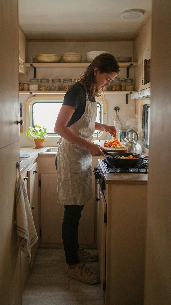 A person cooks efficiently in a small RV kitchen, showing good flow.