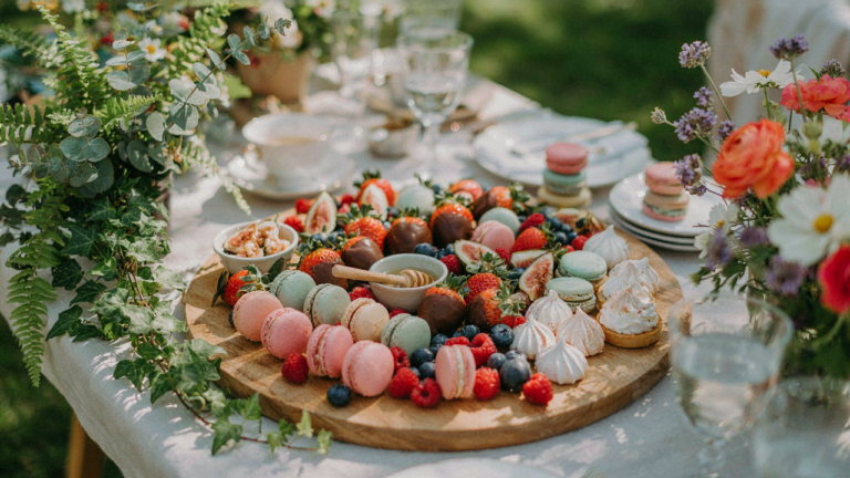 A beautiful dessert charcuterie board on a wooden table at a garden party.