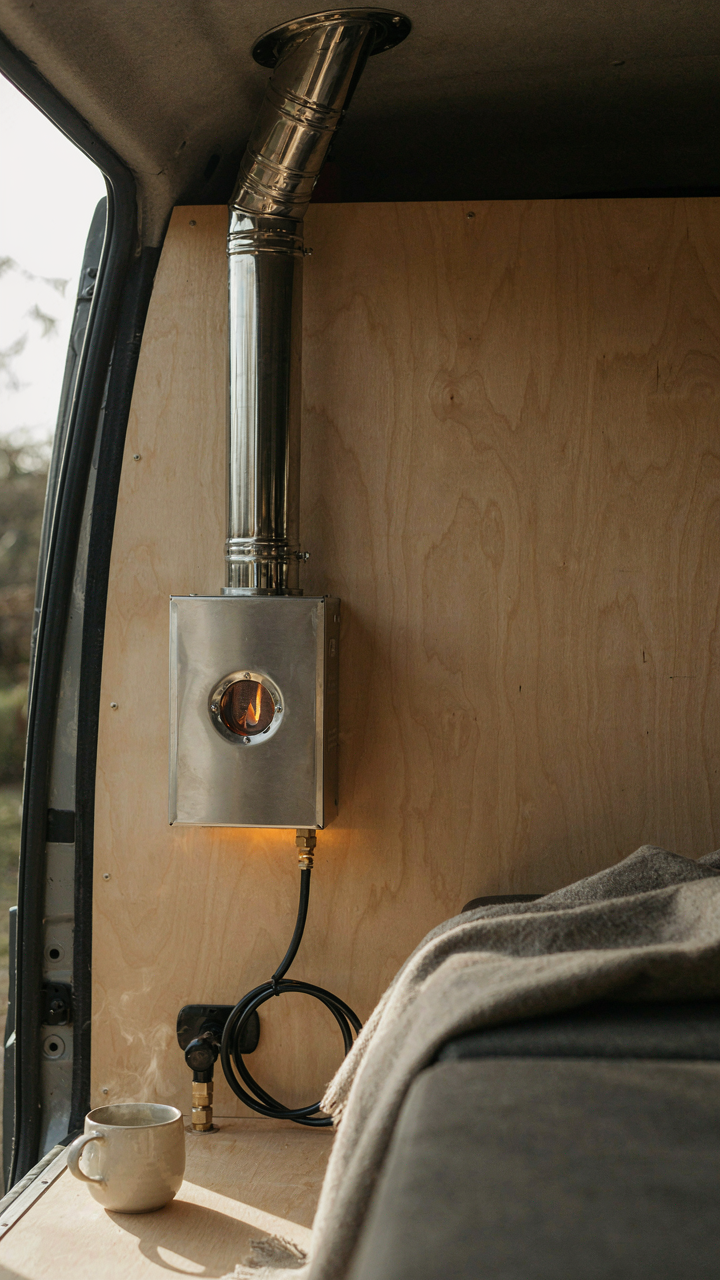 A small diesel heater unit installed inside a van, with exhaust tubing visible.