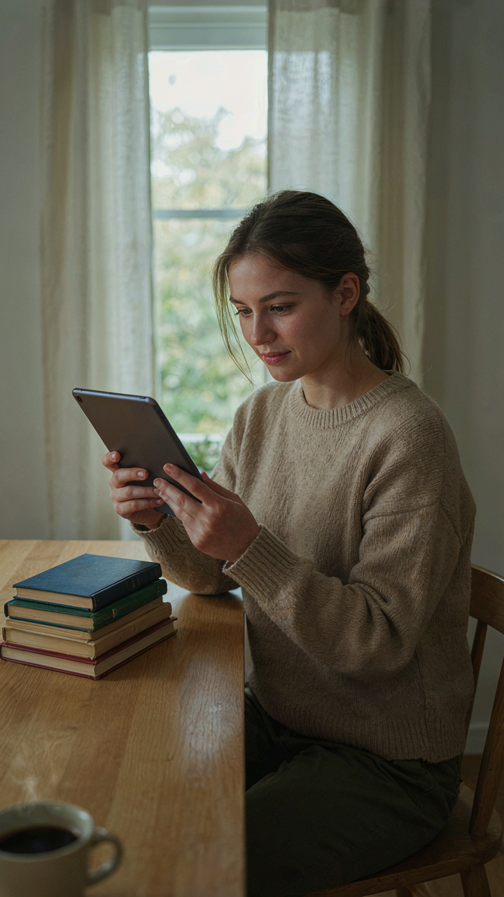 A person reads an ebook on a tablet next to physical books.