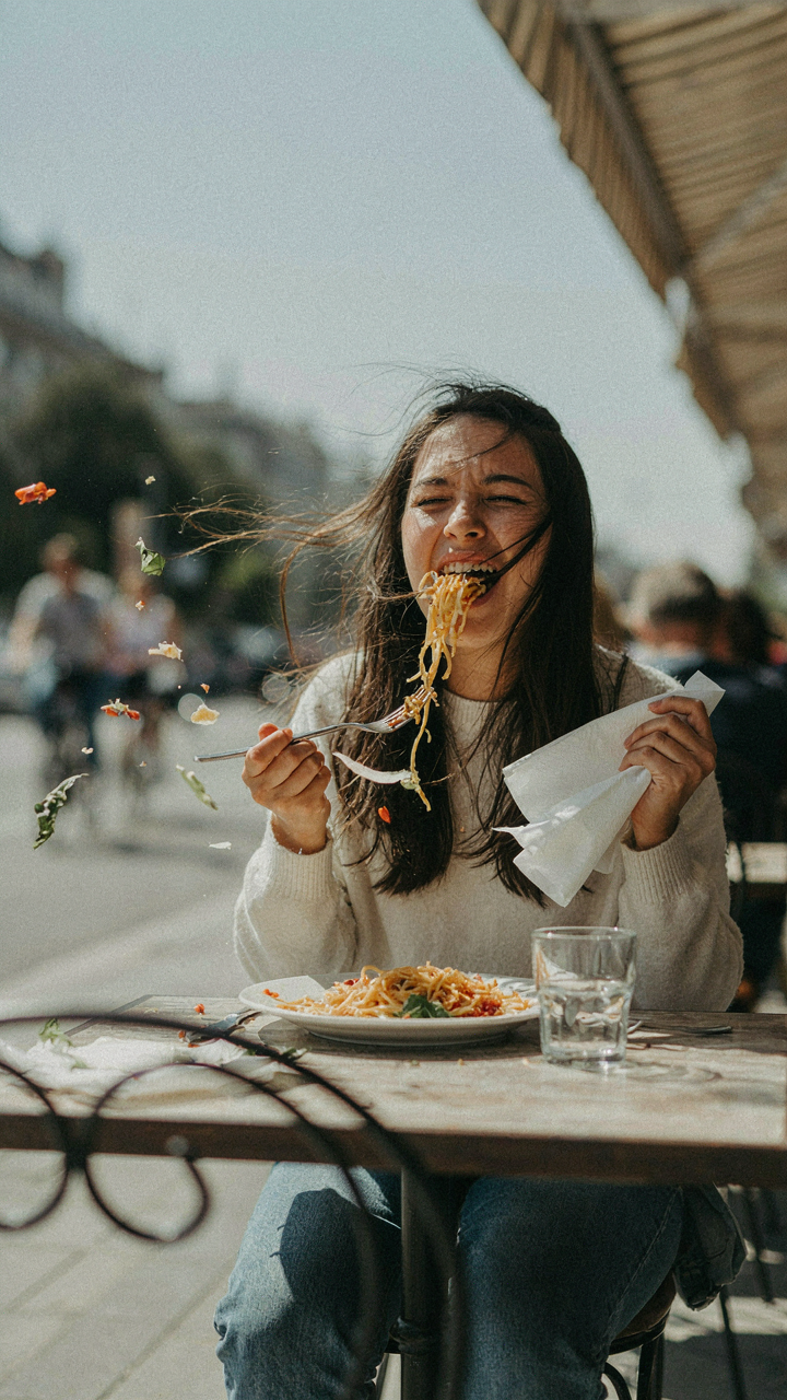 A person struggles to eat food outdoors as strong wind blows their hair.