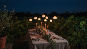 An elegant outdoor dining table set for a dinner party under the stars at twilight.
