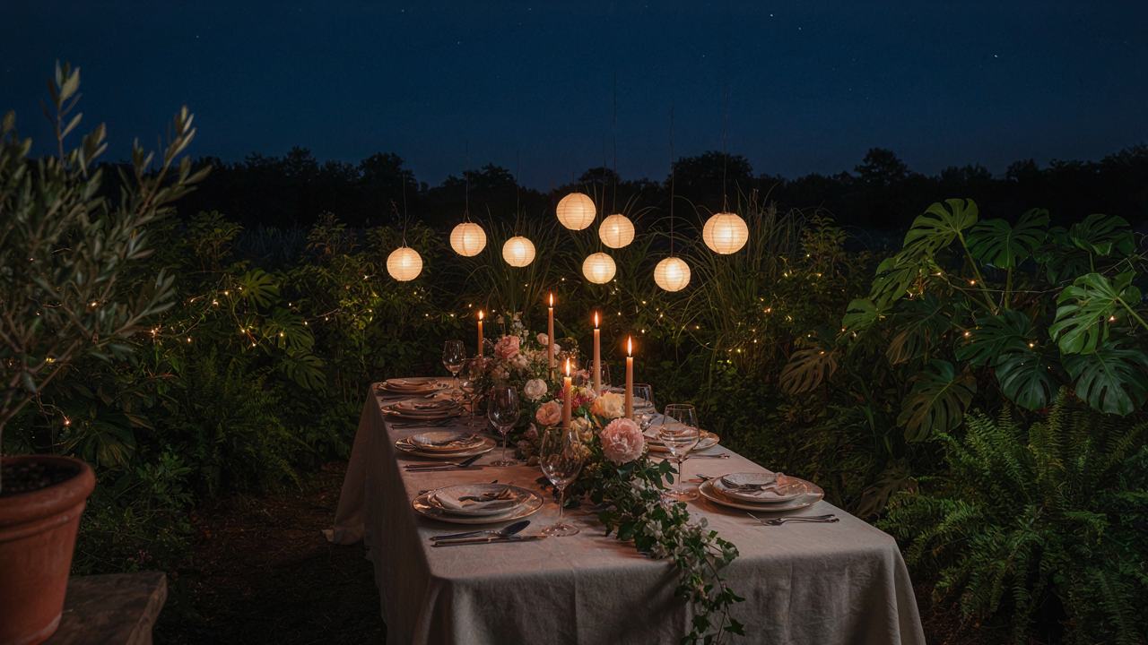 An elegant outdoor dining table set for a dinner party under the stars at twilight.