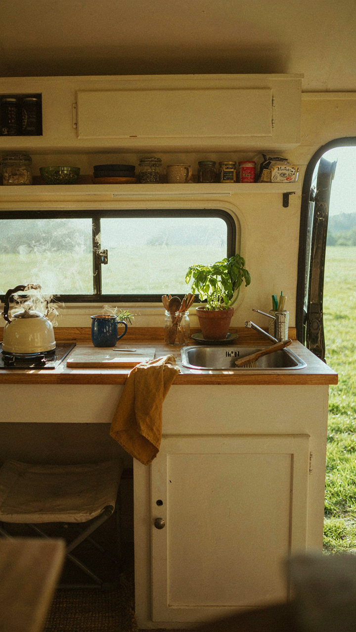A unique, custom-built van kitchen with different but working parts.