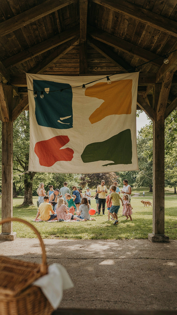 A large banner is securely hung under a strong park pavilion.