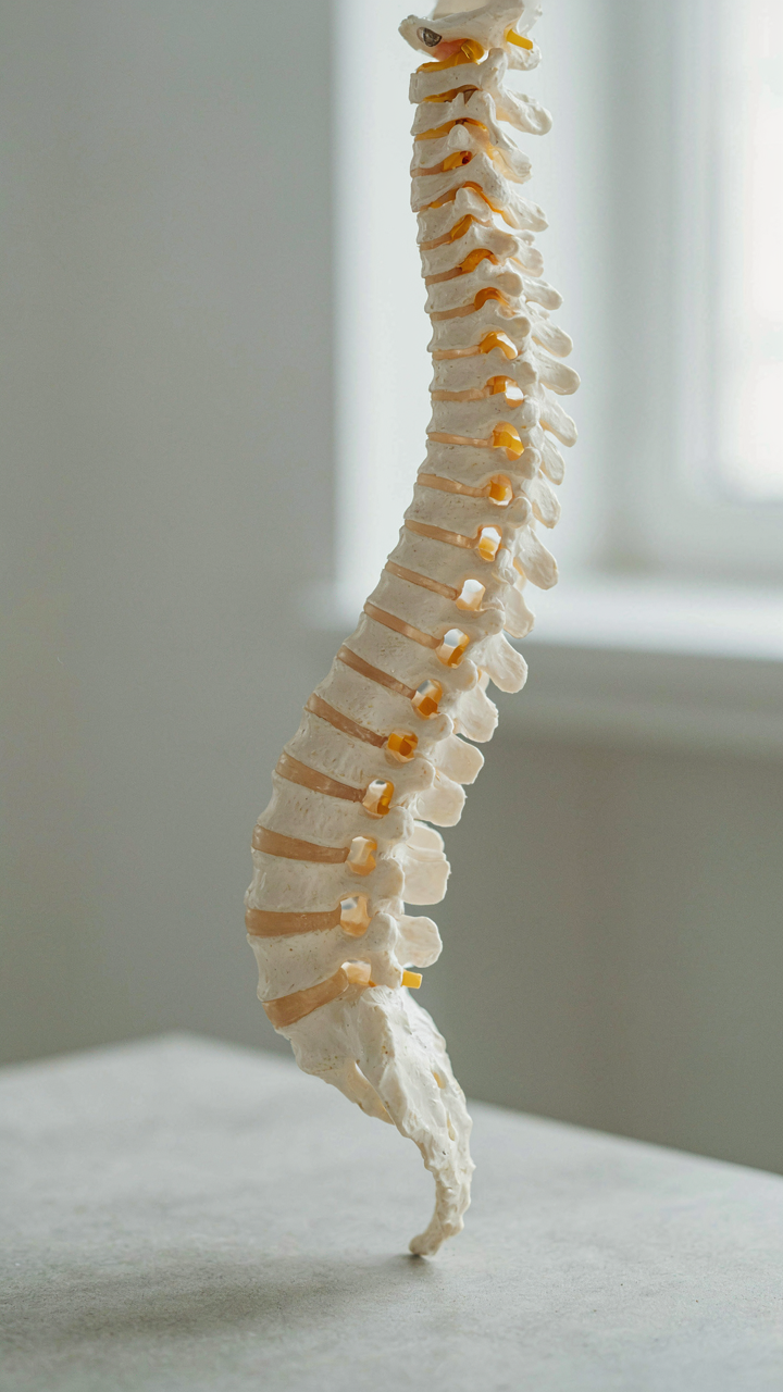 A human spine model rests in neutral alignment on a hard, flat surface.